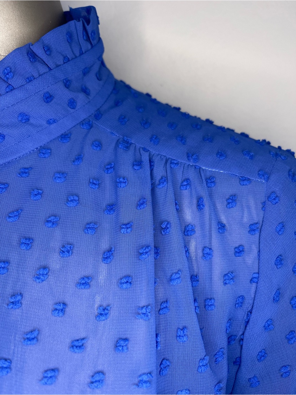 J. Crew Blouse 12 Blue Sheer Swiss Dot Ruffle High-Neck Keyhole Long Sleeve - Picture 8 of 10